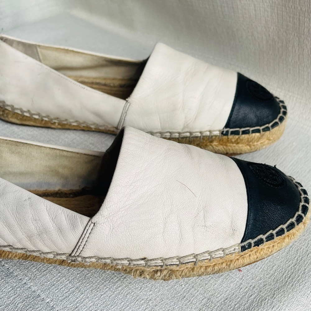 TORY BURCH Colorblock Espadrilles Leather Ivory Black Women’s - Picture 4 of 9